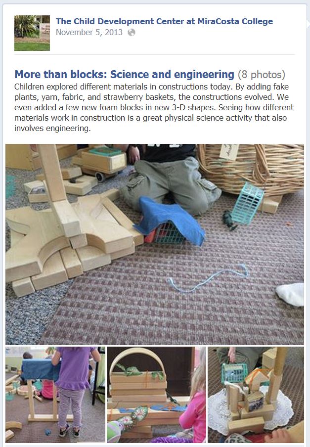 Screenshot of STEM activity: Written description of activity with pictures of materials mentioned: More than Blocks: Science and engineering. Children explored different materials in construction today. By adding fake plants, yarn, fabric, strawberry baskets, the construction evolved. We even added a few new foam blocks in new 3-D shapes. Seeing how different materials work in construction is a great physical science activity that also involves engineering.